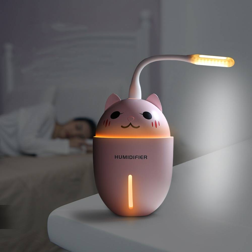 Cute Cat USB Air Humidifier with LED Light and USB Fan