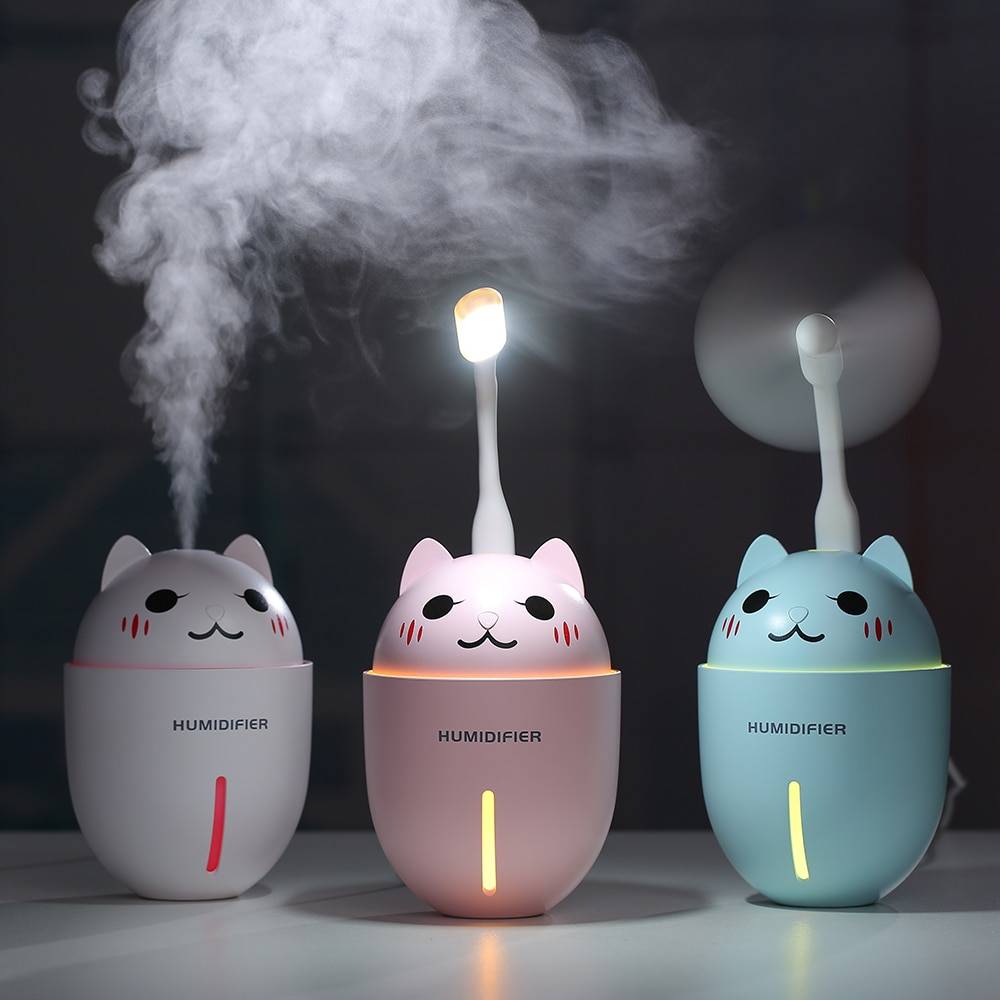 Cute Cat USB Air Humidifier with LED Light and USB Fan