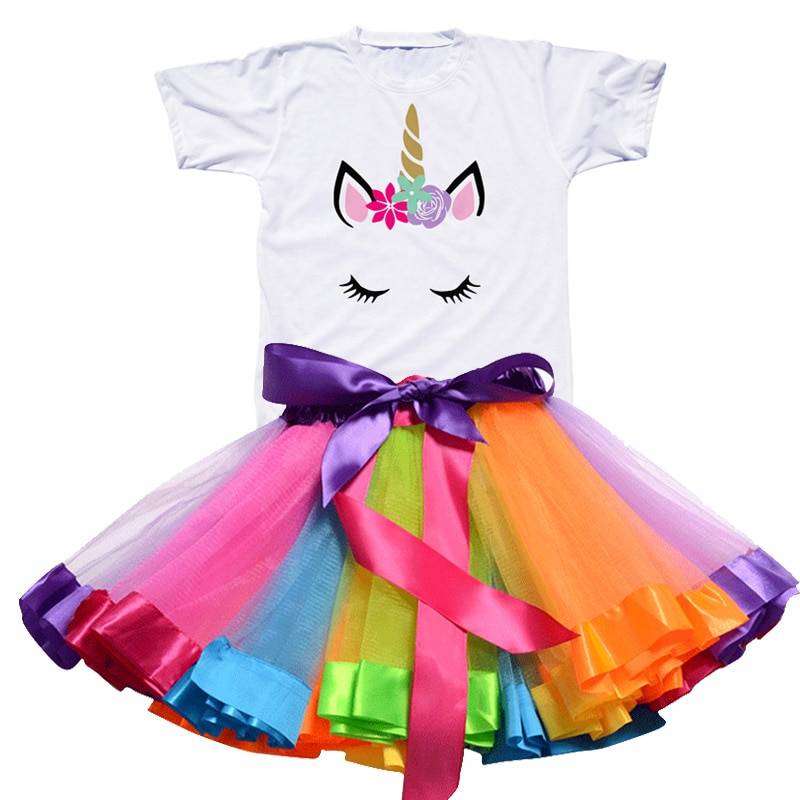 Girls Rainbow Color Clothing Set with Skirt Tutu