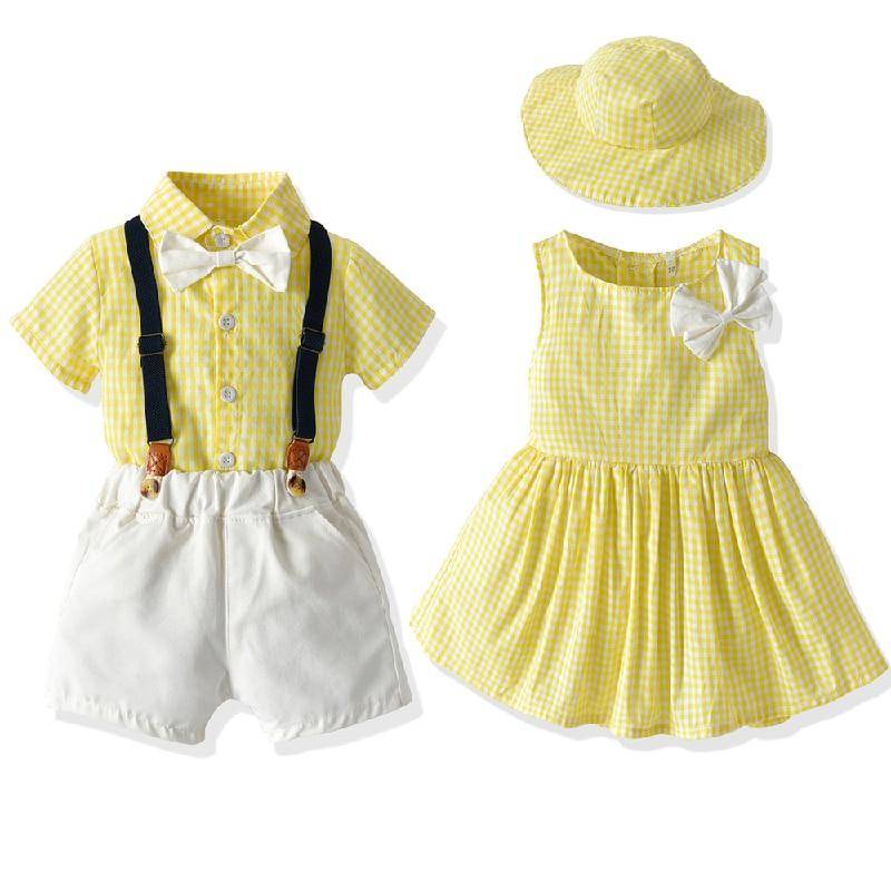 Plaid Style Matching Outfit For Brother and Sister Baby & Kids Apparel Color : Sky-Boy|Yellow-Boy|Sky-Girl|Yellow-Girl Plaid Style Matching Outfit For Brother and Sister